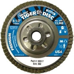 Weiler - 4-1/2" 36 Grit 5/8-11 Center Hole Type 29 Zirconia Alumina Flap Disc - First Tool & Supply