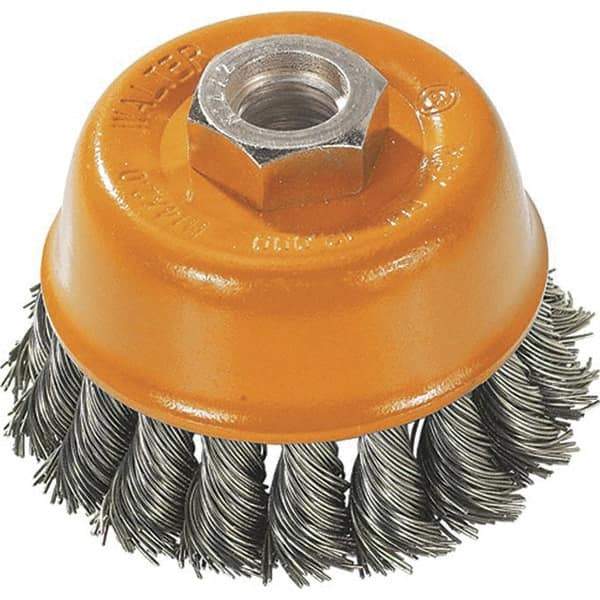 WALTER Surface Technologies - 3" Diam, 5/8-11 Threaded Arbor, Steel Fill Cup Brush - 0.015 Wire Diam, 12,000 Max RPM - First Tool & Supply