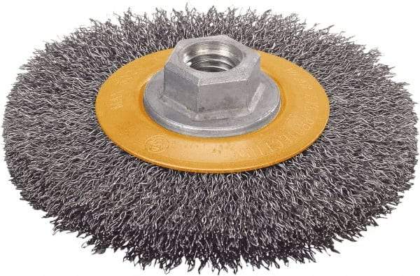 WALTER Surface Technologies - 5" OD, 5/8-11 Arbor Hole, Crimped Steel Wheel Brush - 5/8" Face Width, 1" Trim Length, 0.0118" Filament Diam, 10,000 RPM - First Tool & Supply
