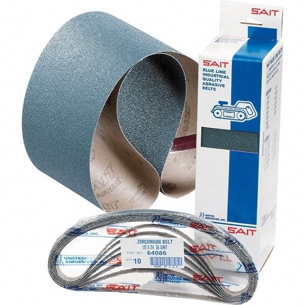 Sait - 1/2" Wide x 18" OAL, 50 FEPA Grit, Zirconia Alumina Abrasive Belt - Zirconia Alumina, Coarse, Coated, Y Weighted Cloth Backing, Wet/Dry, Series Z-H - First Tool & Supply