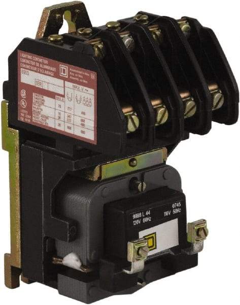 Square D - No Enclosure, 4 Pole, Electrically Held Lighting Contactor - 20 A (Tungsten), 30 A (Fluorescent), 277 VAC at 60 Hz, 4NO Contact Configuration - First Tool & Supply