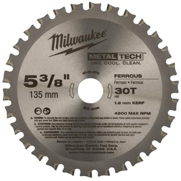 Milwaukee Tool - 5-3/8" Diam, 20mm Arbor Hole Diam, 30 Tooth Wet & Dry Cut Saw Blade - Carbide-Tipped, Standard Round Arbor - First Tool & Supply