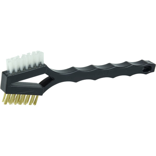 Double Sided V-Shape Scratch Brush, .006 Brass and .016 White Nylon Fill, Plastic Block, 3 × 7 Rows - First Tool & Supply