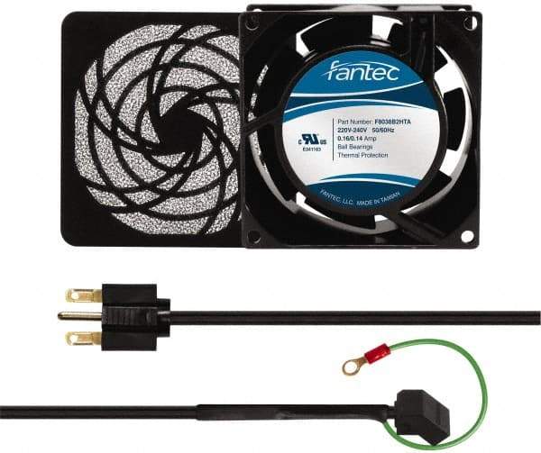 Made in USA - 230 Volts, AC, 32 CFM, Square Tube Axial Fan Kit - 0.06/0.05 Amp Rating, 3.15" High x 3" Wide x 38.5mm Deep, Includes Fan, Fan Guard, Fan Cord - First Tool & Supply