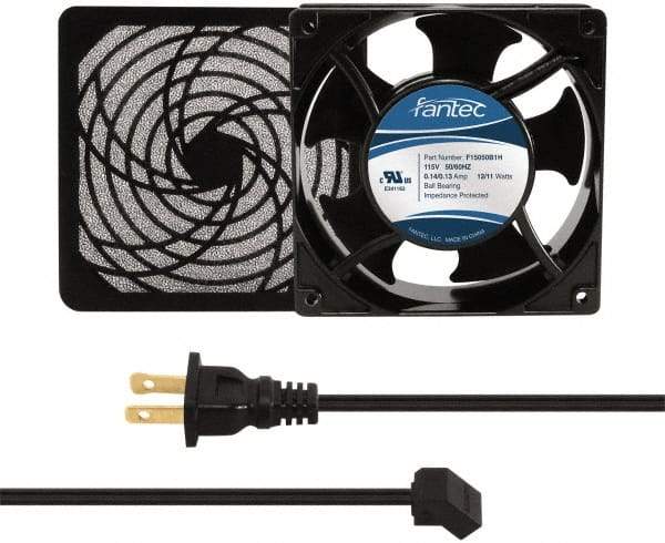 Made in USA - 115 Volts, AC, 80 CFM, Square Tube Axial Fan Kit - 0.18 Amp Rating, 120mm High x 120mm Wide x 38.5mm Deep, Includes Fan, Fan Filter, Fan Cord - First Tool & Supply