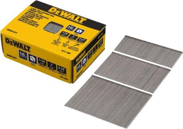 DeWALT - 16 Gauge 2-1/2" Long Finishing Nails for Power Nailers - Steel, Bright Finish, Smooth Shank, Angled Stick Collation, Round Head, Chisel Point - First Tool & Supply