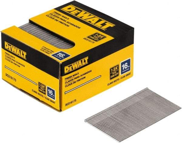 DeWALT - 16 Gauge 1-3/4" Long Finishing Nails for Power Nailers - Steel, Bright Finish, Smooth Shank, Angled Stick Collation, Round Head, Chisel Point - First Tool & Supply