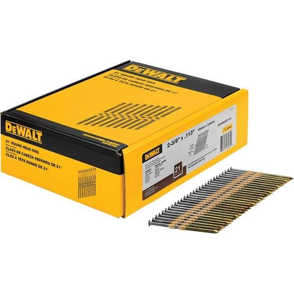 DeWALT - 12 Gauge 2.38" Long Framing Nails for Power Nailers - Steel, Bright Finish, Smooth Shank, Angled Stick Collation, Round Head - First Tool & Supply