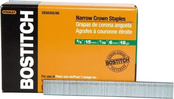 Stanley Bostitch - 5/8" Long x 7/32" Wide, 18 Gauge Narrow Crown Construction Staple - Steel, Chisel Point - First Tool & Supply