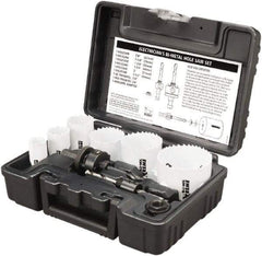 Disston - 9 Piece, 7/8" to 2-1/2" Saw Diam, Electrician's Hole Saw Kit - Bi-Metal, Toothed Edge, Pilot Drill Model No. E0102457, Includes 6 Hole Saws - First Tool & Supply