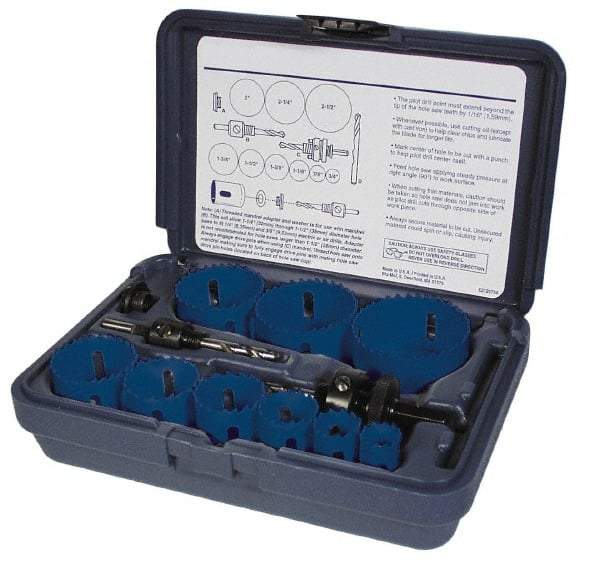 Disston - 9 Piece, 3/4" to 2-1/4" Saw Diam, Plumber's Hole Saw Kit - Bi-Metal, Toothed Edge, Pilot Drill Model No. E0102457, Includes 6 Hole Saws - First Tool & Supply