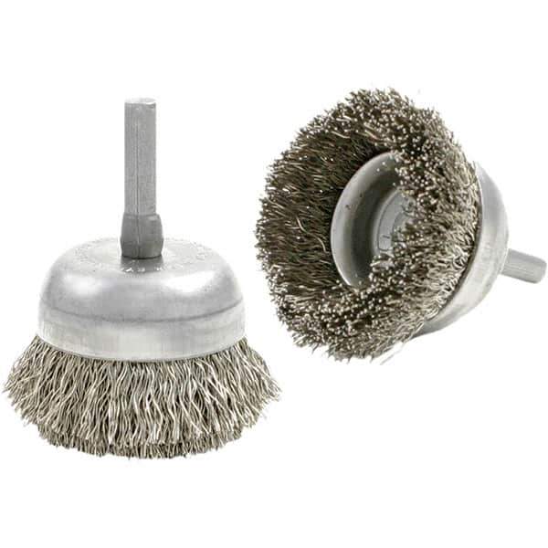 Brush Research Mfg. - 3" Diam, 2-3/4" Shank Diam, Carbon Steel Fill Cup Brush - 0.04 Wire Diam, 3/4" Trim Length, 8,000 Max RPM - First Tool & Supply