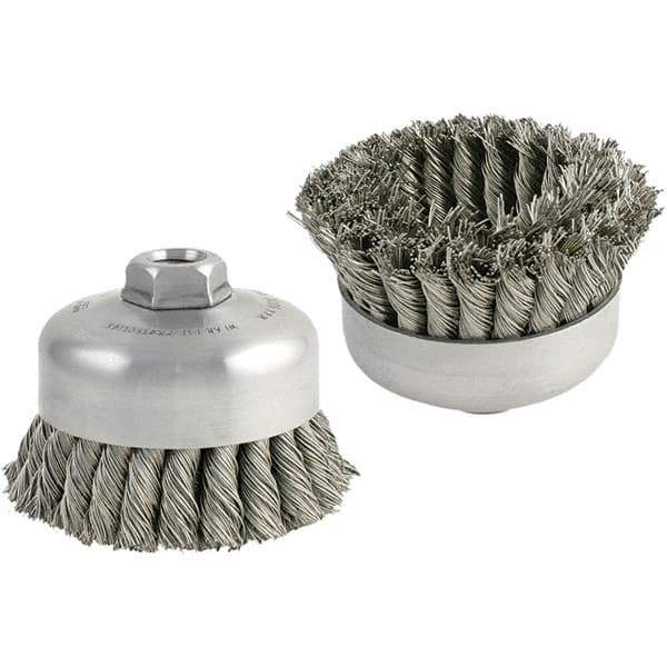 Brush Research Mfg. - 5" Diam, 5/8-11 Threaded Arbor, Carbon Steel Fill Cup Brush - 0.014 Wire Diam, 1-1/4" Trim Length, 9,000 Max RPM - First Tool & Supply