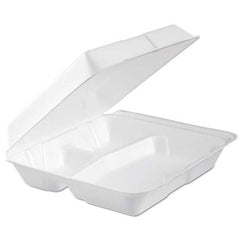 DART - Foam Hinged Lid Container, 3-Comp, 9.3 x 9 1/2 x 3, White, 100/Bag, 2 Bag/Carton - First Tool & Supply