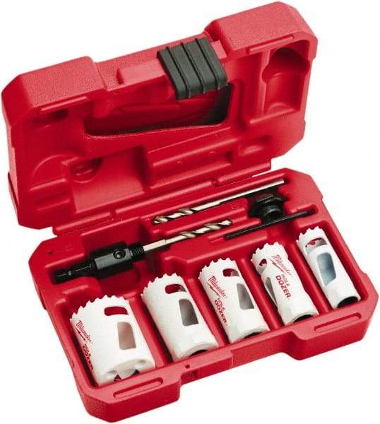 Milwaukee Tool - 9 Piece, 3/4" to 1-1/2" Saw Diam, Hole Saw Kit - Bi-Metal, Toothed Edge, Includes 5 Hole Saws - First Tool & Supply