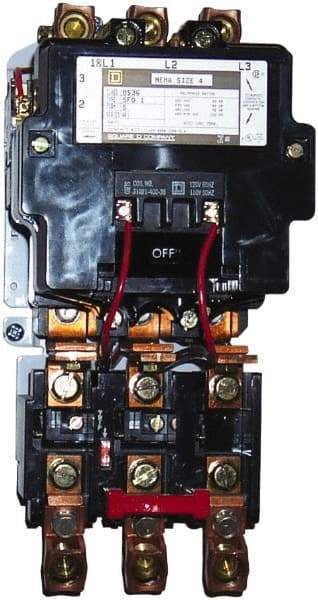 Square D - 440 Coil VAC at 50 Hz, 480 Coil VAC at 60 Hz, 135 Amp, NEMA Size 4, Nonreversible Open Enclosure NEMA Motor Starter - 3 Phase hp: 100 at 460 VAC, 100 at 575 VAC, 40 at 200 VAC, 50 at 230 VAC - First Tool & Supply