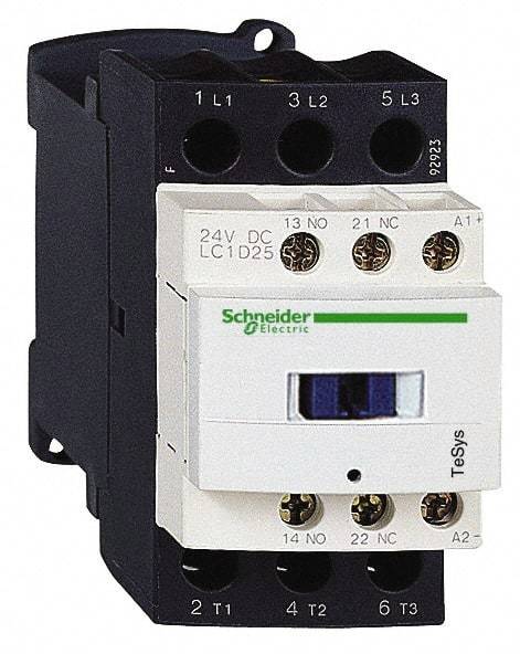 Schneider Electric - 3 Pole, 24 Coil VDC, 25 Amp at 440 VAC and 40 Amp at 440 VAC, Nonreversible IEC Contactor - 1 Phase hp: 2 at 115 VAC, 3 at 230/240 VAC, 3 Phase hp: 15 at 460/480 VAC, 20 at 575/600 VAC, 5 at 200/208 VAC, 7.5 at 230/240 VAC - First Tool & Supply