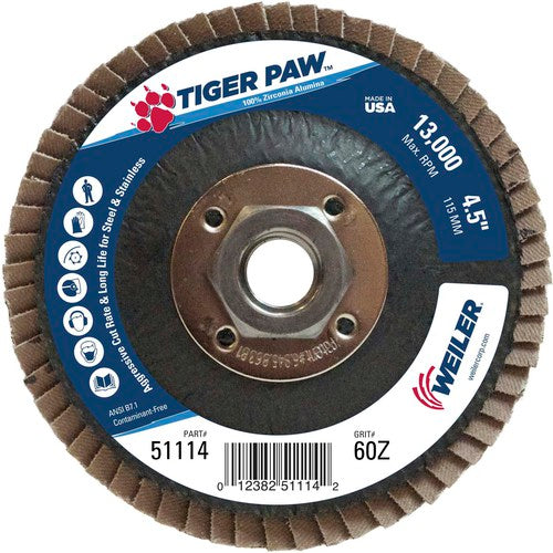 4 1/2″ × 5/8″-11-60 Grit - T27 Tiger Paw Zirc Flap Disc Phenolic Back - First Tool & Supply