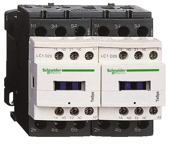 Schneider Electric - 3 Pole, 120 Coil VAC at 50/60 Hz, 12 Amp at 440 VAC, Reversible IEC Contactor - 1 Phase hp: 1 at 115 VAC, 2 at 230/240 VAC, 3 Phase hp: 10 at 575/600 VAC, 3 at 200/208 VAC, 3 at 230/240 VAC, 7.5 at 460/480 VAC - First Tool & Supply