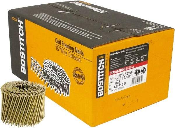 Stanley Bostitch - 11 Gauge 0.12" Shank Diam 3-1/4" Long Framing Nails for Power Nailers - Steel, Yellow Zinc Finish, Smooth Shank, Coil Wire Collation, Round Head, Diamond Point - First Tool & Supply