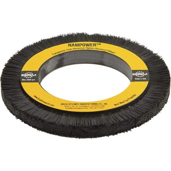Brush Research Mfg. - 5-29/32" OD, 3-1/4" Arbor Hole, Crimped Abrasive Nylon Wheel Brush - 0.394" Face Width, 3/4" Trim Length, 3,600 RPM - First Tool & Supply