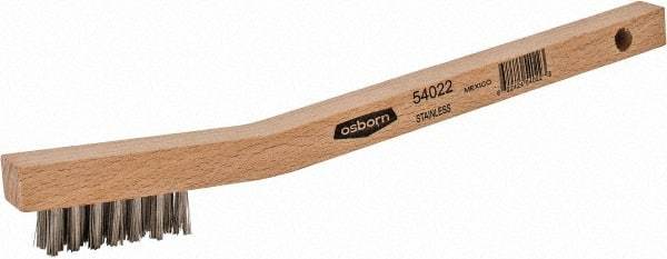 Osborn - 3 Rows x 7 Columns Stainless Steel Scratch Brush - 1-7/16" Brush Length, 7-3/4" OAL, 7/16" Trim Length, Wood Curved Handle - First Tool & Supply