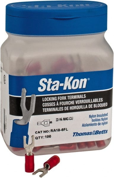 Thomas & Betts - #6 Stud, 22 to 16 AWG Compatible, Partially Insulated, Crimp Connection, Locking Fork Terminal - First Tool & Supply