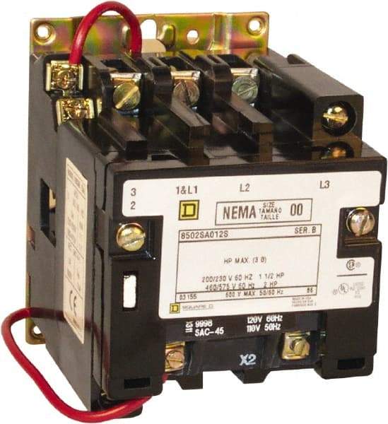 Square D - 2 Pole, 220 Coil VAC at 50 Hz, 240 Coil VAC at 60 Hz, 18 Amp NEMA Contactor - Open Enclosure, 50 Hz at 220 VAC and 60 Hz at 240 VAC - First Tool & Supply