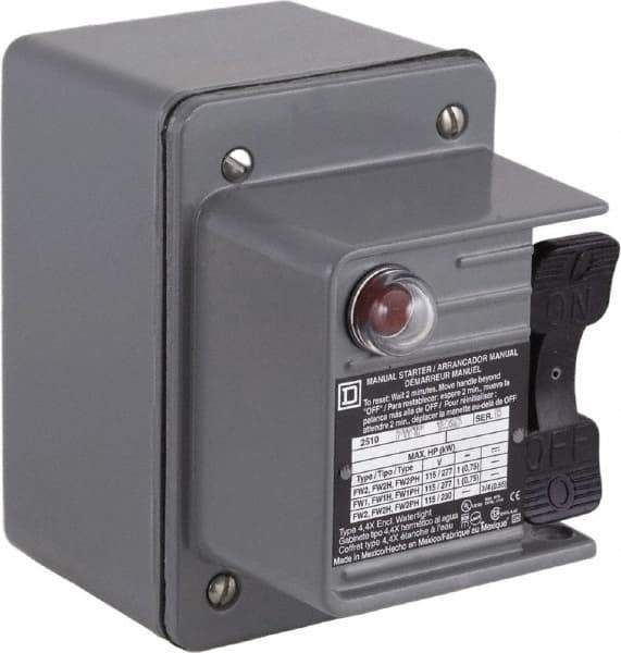 Square D - 2 Poles, 16 Amp, NEMA, Enclosed Toggle Manual Motor Starter - 1 hp at 115 VAC, 1 hp at 230 VAC, 1 hp at 277 VAC, 3/4 hp at 115 VDC & 3/4 hp at 230 VDC, CE, CSA, NEMA 4 & UL Listed - First Tool & Supply