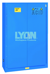 Acid Storage Cabinet - #5545 - 43 x 18 x 65" - 45 Gallon - w/2 shelves, three poly trays, bi-fold self-closing door - Blue Only - First Tool & Supply