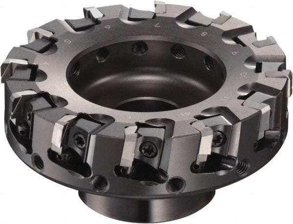 Sumitomo - 125mm Cut Diam, 15.9mm Arbor Hole, 63mm Max Depth of Cut, 90° Indexable Chamfer & Angle Face Mill - 15 Inserts, NF-LDEN Insert, Right Hand Cut, 15 Flutes, Through Coolant, Series HF - First Tool & Supply