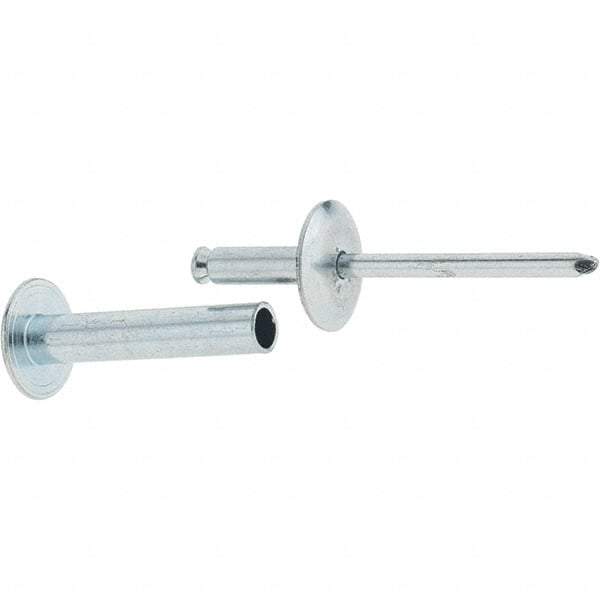 RivetKing - Size 8-26 Dome Head Steel Flush on Both Sides Blind Rivet - Steel Mandrel, 1-3/8" to 1-5/8" Grip, 5/8" Head Diam, 0.255" Min Hole Diam, 1.32" Length Under Head, 1/4" Body Diam - First Tool & Supply