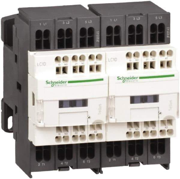 Schneider Electric - 3 Pole, 24 Coil VDC, 9 Amp at 440 VAC, Reversible IEC Contactor - 1 Phase hp: 0.5 at 115 VAC, 1 at 230/240 VAC, 3 Phase hp: 2 at 200/208 VAC, 2 at 230/240 VAC, 5 at 460/480 VAC, 7.5 at 575/600 VAC - First Tool & Supply