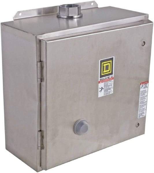 Square D - 110 Coil VAC at 50 Hz, 120 Coil VAC at 60 Hz, 27 Amp, NEMA Size 1, Reversible Enclosed Enclosure NEMA Motor Starter - 3 Phase hp: 10 at 460 VAC, 10 at 575 VAC, 7-1/2 at 200 VAC, 7-1/2 at 230 VAC, 4x Enclosure Rating - First Tool & Supply