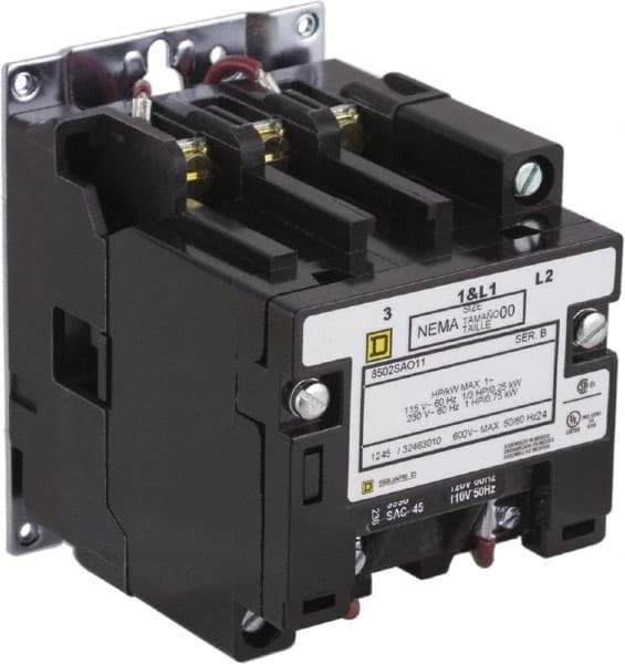 Square D - 2 Pole, 220 Coil VAC at 50 Hz, 240 Coil VAC at 60 Hz, 9 Amp NEMA Contactor - Open Enclosure, 50 Hz at 220 VAC and 60 Hz at 240 VAC - First Tool & Supply