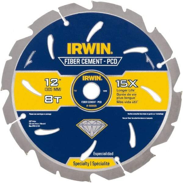 Irwin Blades - 12" Diam, 1" Arbor Hole Diam, 8 Tooth Wet & Dry Cut Saw Blade - Diamond-Tipped, Smooth Action, Standard Round Arbor - First Tool & Supply