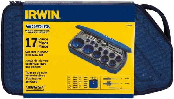 Irwin - 17 Piece, 5/8" to 3" Saw Diam, General Purpose Hole Saw Kit - Bi-Metal, Toothed Edge, Pilot Drill Model No. 373000, Includes 12 Hole Saws - First Tool & Supply