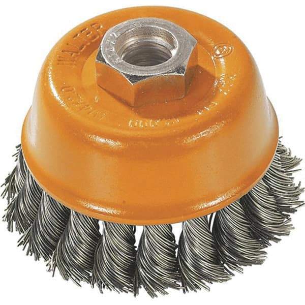 WALTER Surface Technologies - 3" Diam, 1/2-13 Threaded Arbor, Steel Fill Cup Brush - 0.015 Wire Diam, 12,000 Max RPM - First Tool & Supply