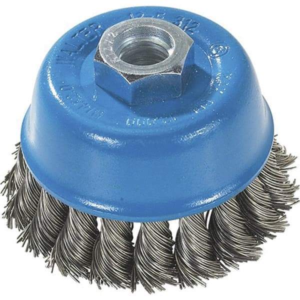 WALTER Surface Technologies - 3" Diam, M14x2.00 Threaded Arbor, Stainless Steel Fill Cup Brush - 0.015 Wire Diam, 12,000 Max RPM - First Tool & Supply