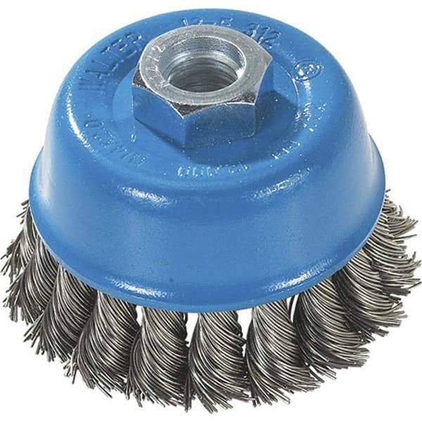 WALTER Surface Technologies - 3" Diam, M10x1.25 Threaded Arbor, Stainless Steel Fill Cup Brush - 0.015 Wire Diam, 12,000 Max RPM - First Tool & Supply