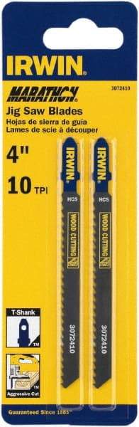 Irwin Blades - 4" Long x 0.047" Thick x 0.295" Wide, 10 Teeth per Inch, Carbon Steel Jig Saw Blade - Toothed Edge, T-Shank, Mill Tooth Set - First Tool & Supply