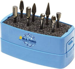 M.A. Ford - 8 Piece, 3mm Shank Burr Set - Solid Carbide, Multiple Head Shapes, 3° Included Angle - First Tool & Supply