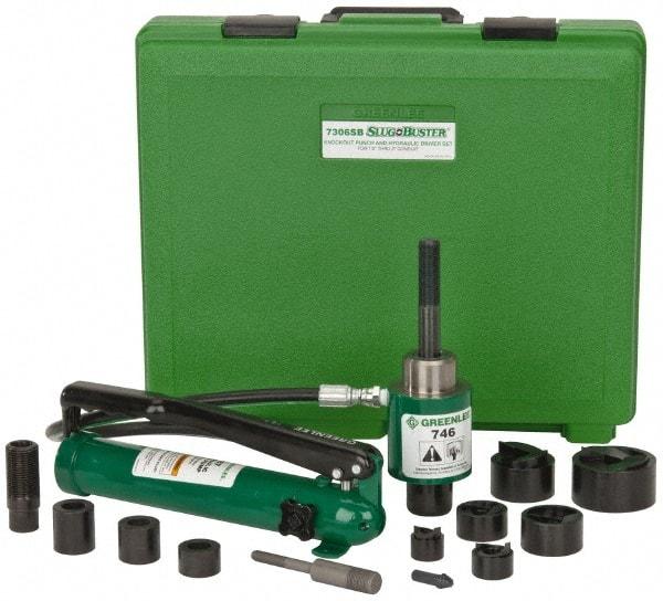 Greenlee - 17 Piece, 2" Punch Hole Diam, Hydraulic Knockout Set - Round Punch, 10 Gage Mild Steel - First Tool & Supply