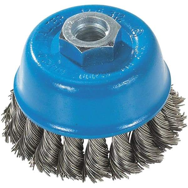 WALTER Surface Technologies - 3" Diam, 5/8-11 Threaded Arbor, Stainless Steel Fill Cup Brush - 0.015 Wire Diam, 12,000 Max RPM - First Tool & Supply