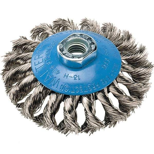 WALTER Surface Technologies - 4" Diam, 5/8-11 Threaded Arbor, Stainless Steel Fill Cup Brush - 0.015 Wire Diam, 20,000 Max RPM - First Tool & Supply