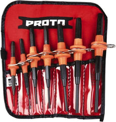 Proto - 7 Piece, 1/16 to 1/4", Tethered Pin Punch Set - Straight Shank, Comes in Nylon Roll - First Tool & Supply