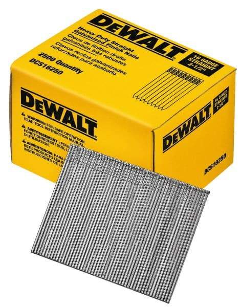 DeWALT - 16 Gauge 2-1/2" Long Finishing Nails for Power Nailers - Grade 2 Steel, Galvanized Finish, Straight Stick Collation - First Tool & Supply