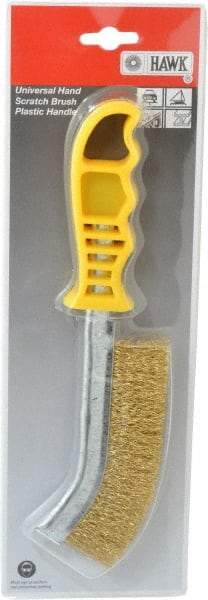 Made in USA - 1" Trim Length Brass Scratch Brass Brush - 5-1/2" Brush Length, 10" OAL, 1" Trim Length, Plastic Ergonomic Handle - First Tool & Supply