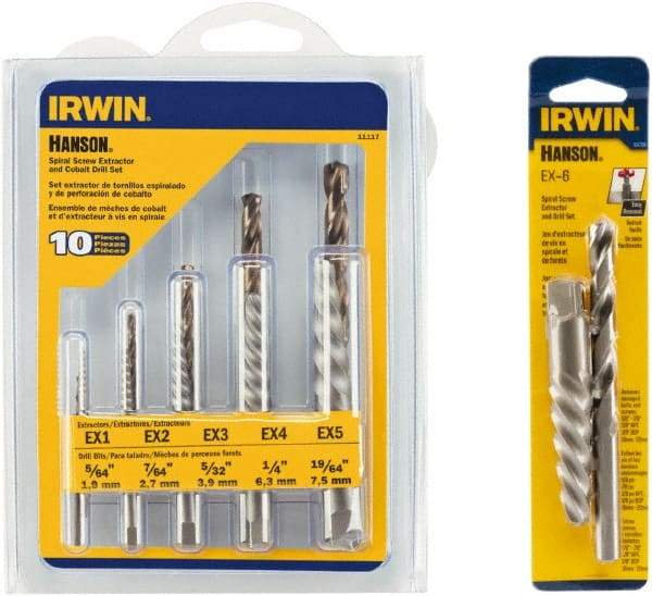 Irwin Hanson - 12 Piece Spiral Flute Screw Extractor & Drill Set - Screw Range 3/16 to 3/4, 5/8 to 7/8" - First Tool & Supply