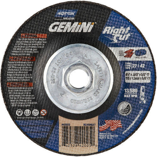 ‎4-1/2 x .045 × 5/8 - 11″ Gemini RightCut Cutting Wheel A 24 T BDA3 Type 27/42 - First Tool & Supply